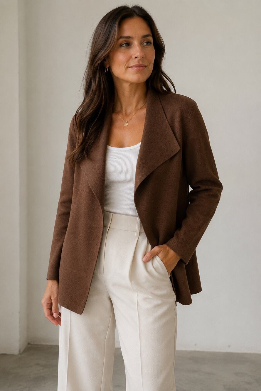 Eileen Fisher Wool brown knit open-front cardigan draped waterfall shawl collar